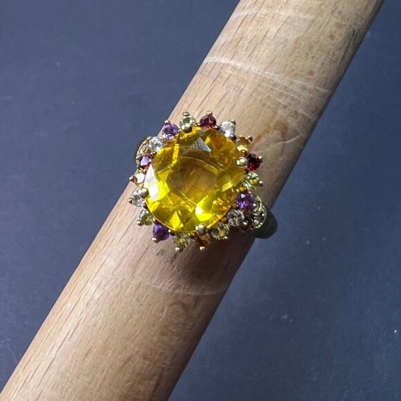 Yellow topaz multi stone gold over sterling silver halo cocktail ring size 8 - Picture 2 of 10